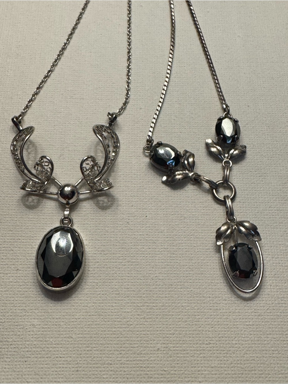 2 Vintage Sterling Silver-Marcasite Faceted Stone Pendant Necklaces.